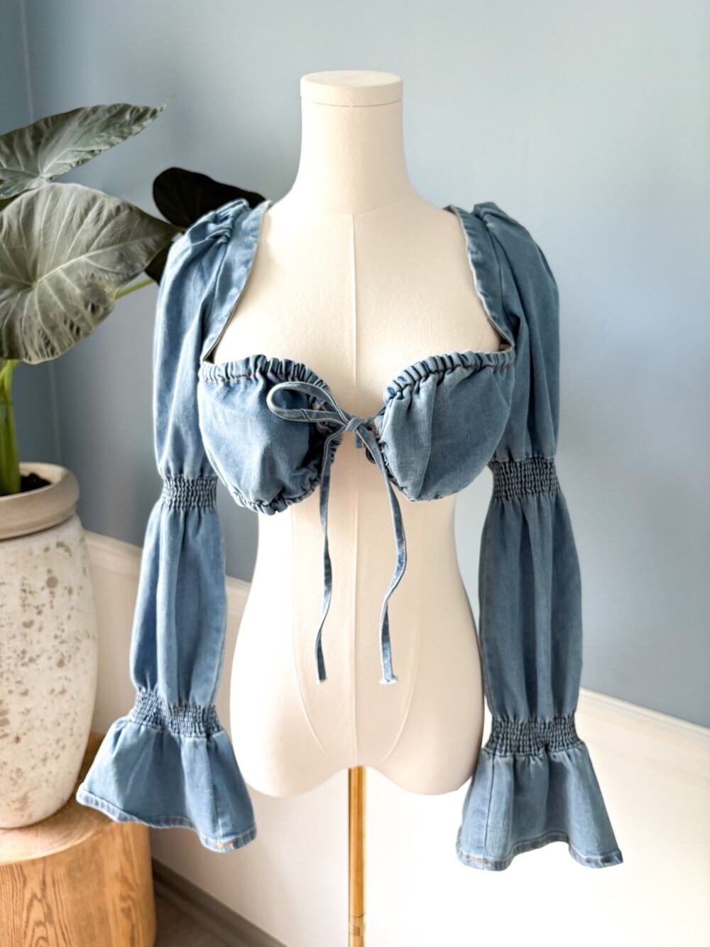 Nichole Lynel Denim Bralette Top Large Long Bell Sleeve Boho Western Festival